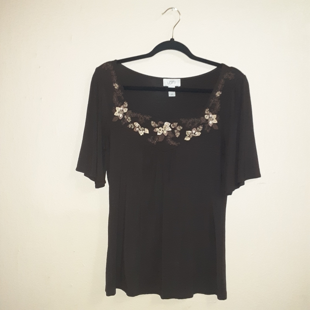 Ann Taylor Loft Size M Brown Embroidered Blouse